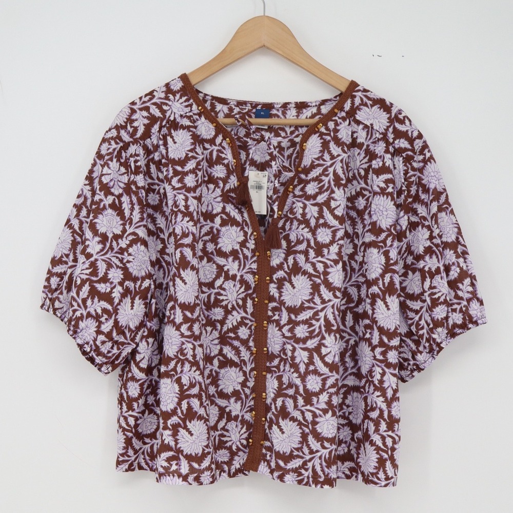 Old Navy Top Womens XL Floral Tassel Split Neck Brown Purple Boho New